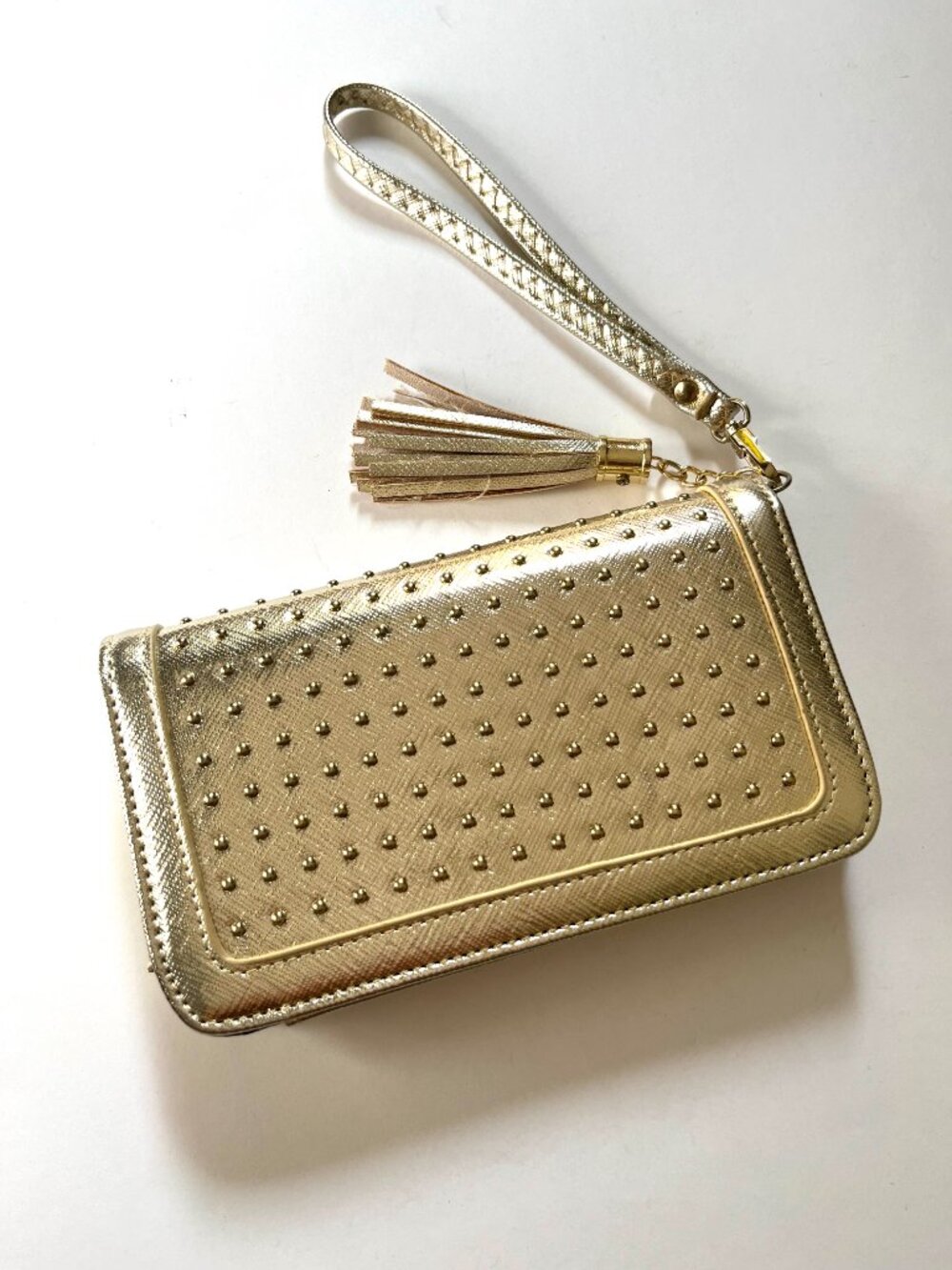 Gold Wristlet Studded Wallet Clutch Phone Holder Tassel Strap Metallic Miztique